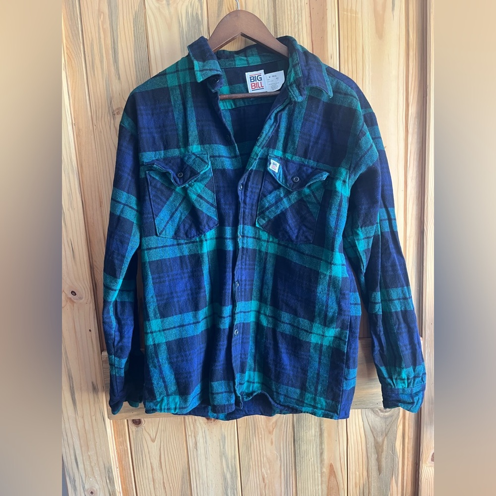 Big Bill Men's Green and Blue Plaid Casual Button Down Flannel